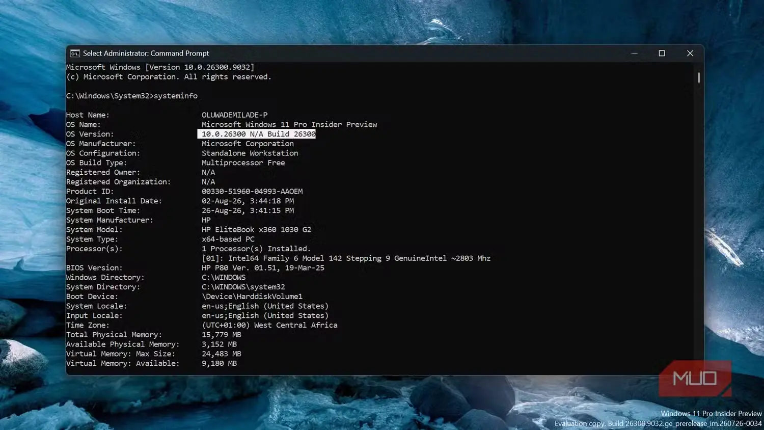 خروجی فرمان systeminfo ویندوز در پنجره Command Prompt