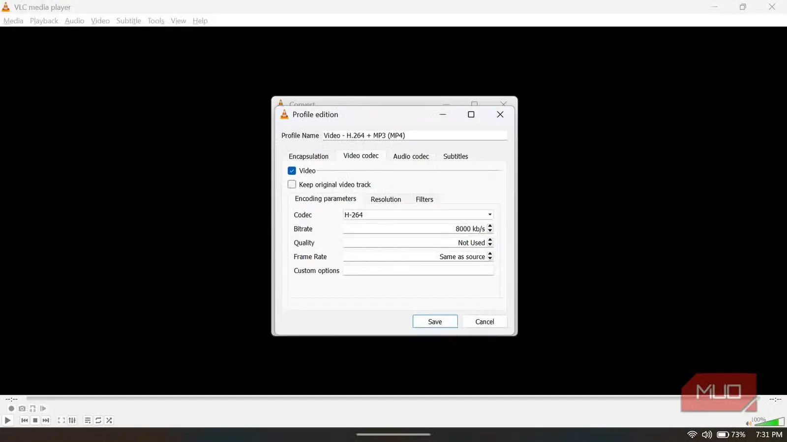 پنجره ویرایش پروفایل VLC با تب کدک ویدیو و تنظیمات H-264 و نرخ بیت ۸۰۰۰ کیلوبیت بر ثانیه