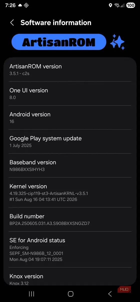 صفحهٔ اطلاعات نرمافزاری ArtisanROM پس از نصب، نمایش نسخه Android 16 و One UI 8