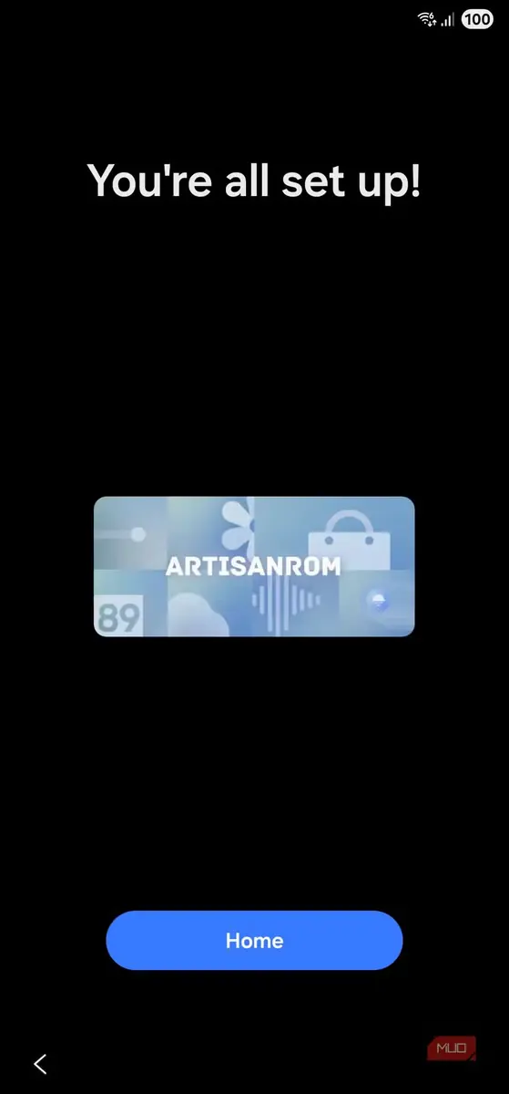 صفحهٔ خوشآمدگویی ArtisanROM پس از تنظیم