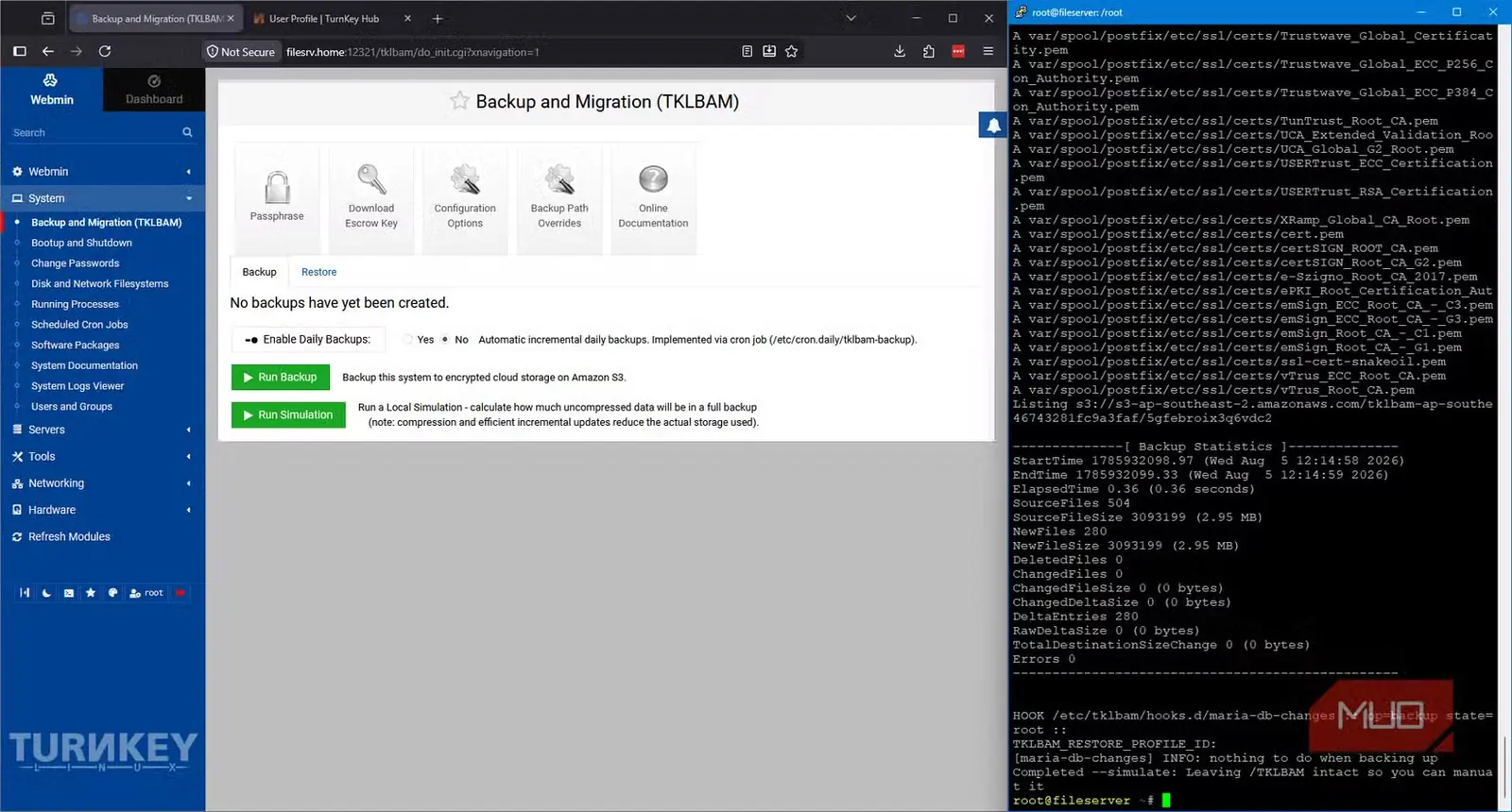 اجرای پشتیبانگیری شبیهسازیشده توسط TKLBAM نرمافزار TurnKey Linux و نمایش عدم تغییرات