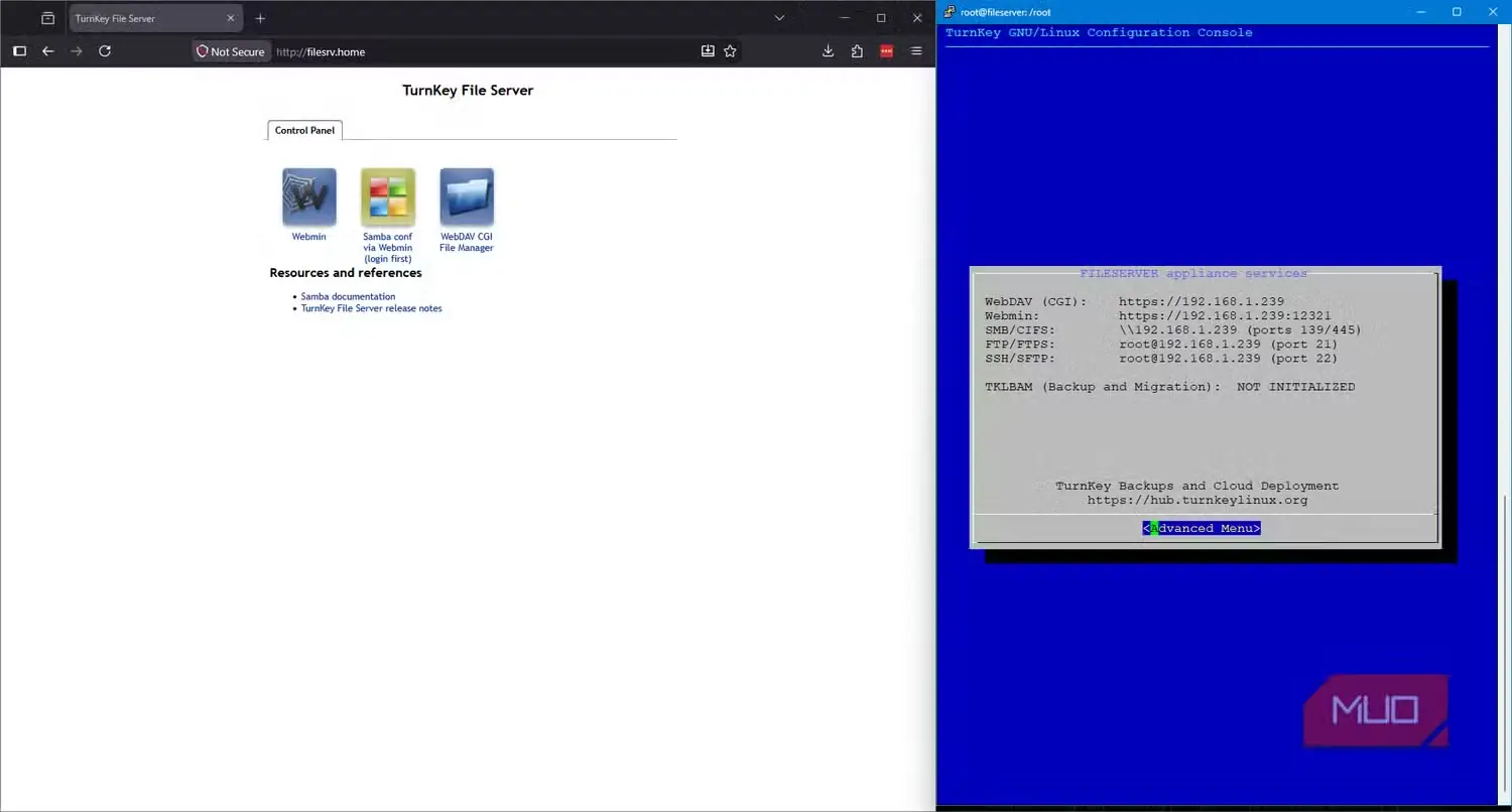رابط وب TurnKey Linux و ConfConsole در SSH