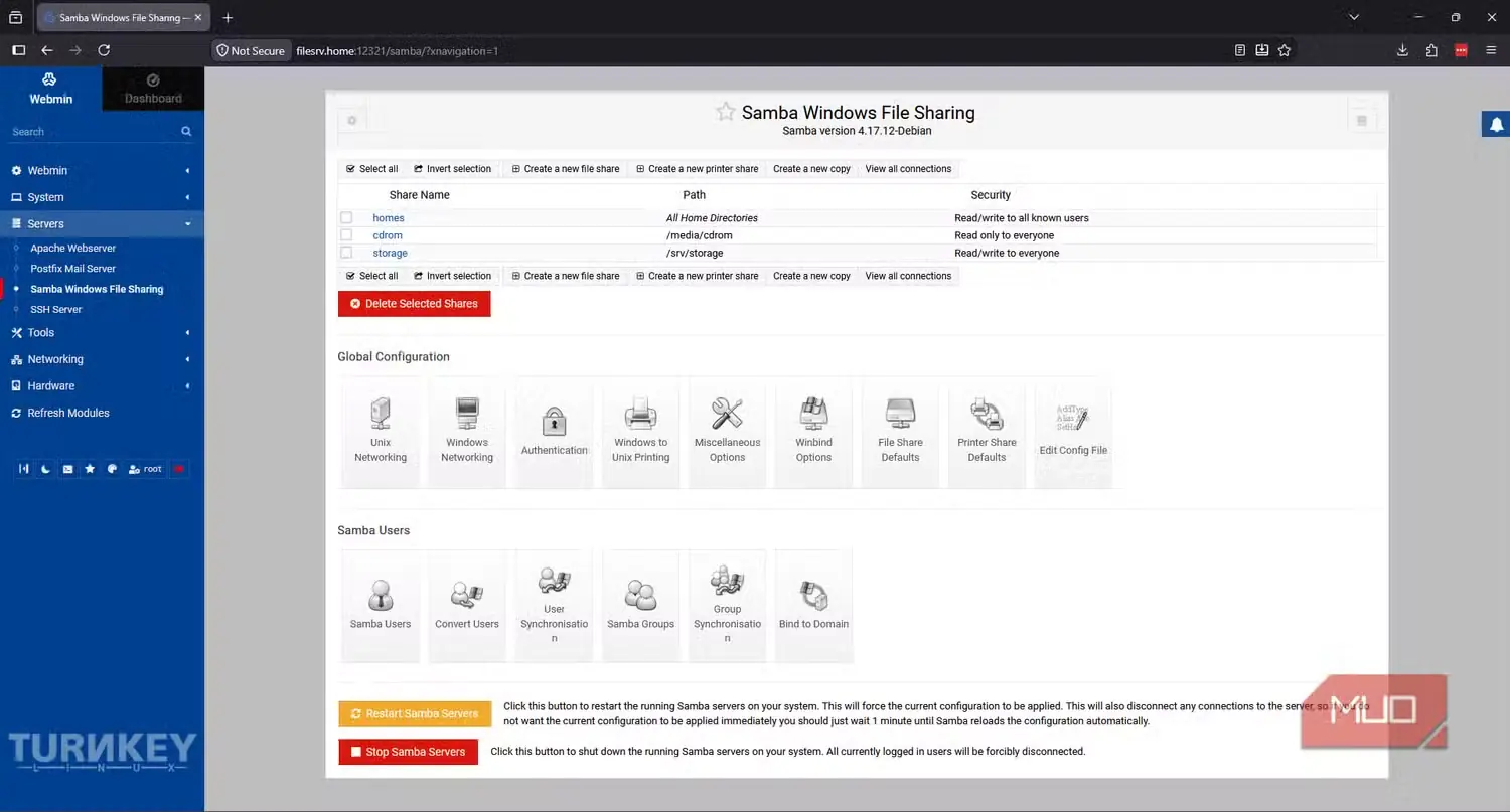 تنظیمات Samba در Webmin نرمافزار TurnKey Linux آماده استفاده