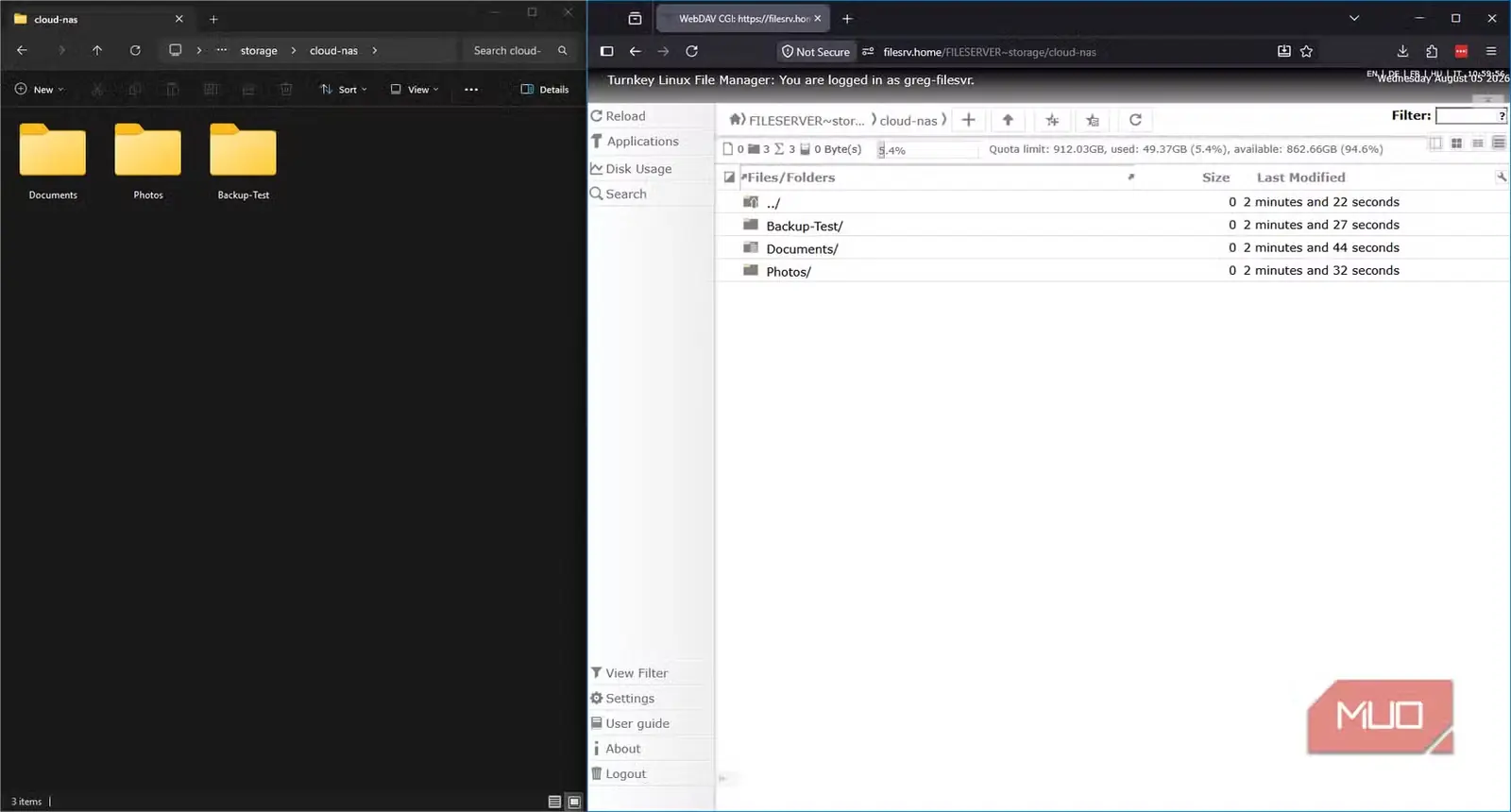 رابط WebDAV نرمافزار TurnKey Linux و مدیر فایل که فایلهای همگامشده را در File Explorer نشان میدهد