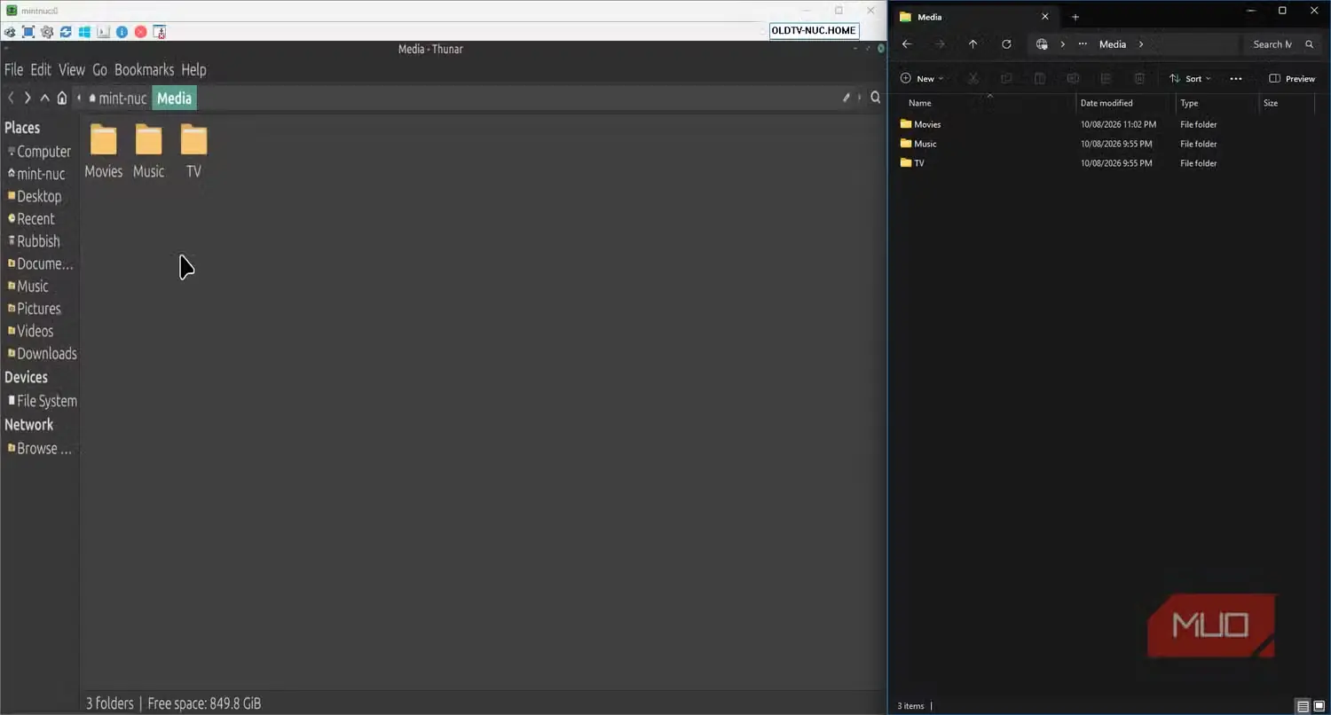 اشتراک Samba در Linux Mint با نام NetBIOS و File Explorer ویندوز با نمایش همان ساختار پوشه‌ها