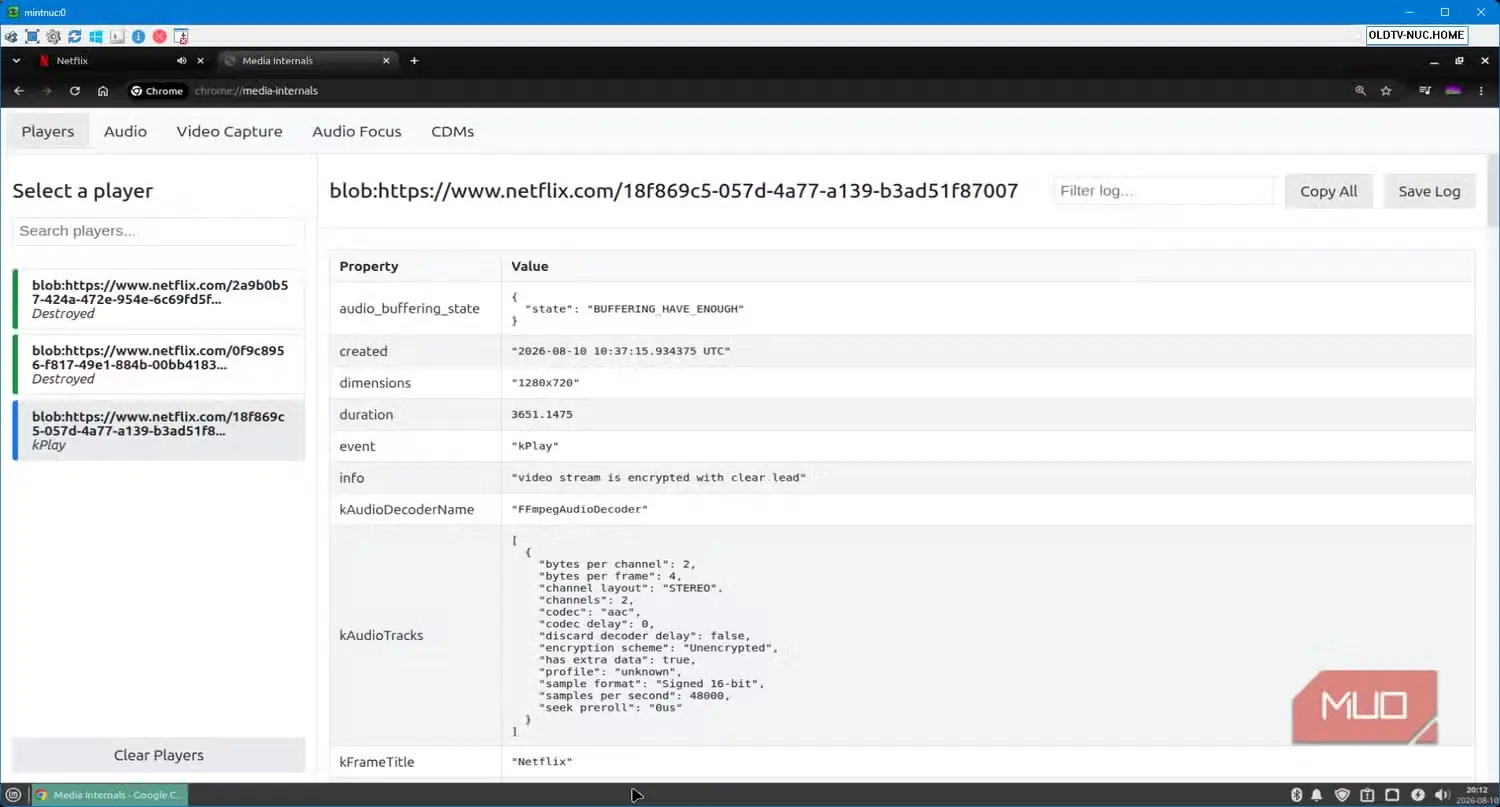 صفحهٔ chrome://media-internals با نمایش وضوح پخش‌کنندهٔ Netflix در 1280x720