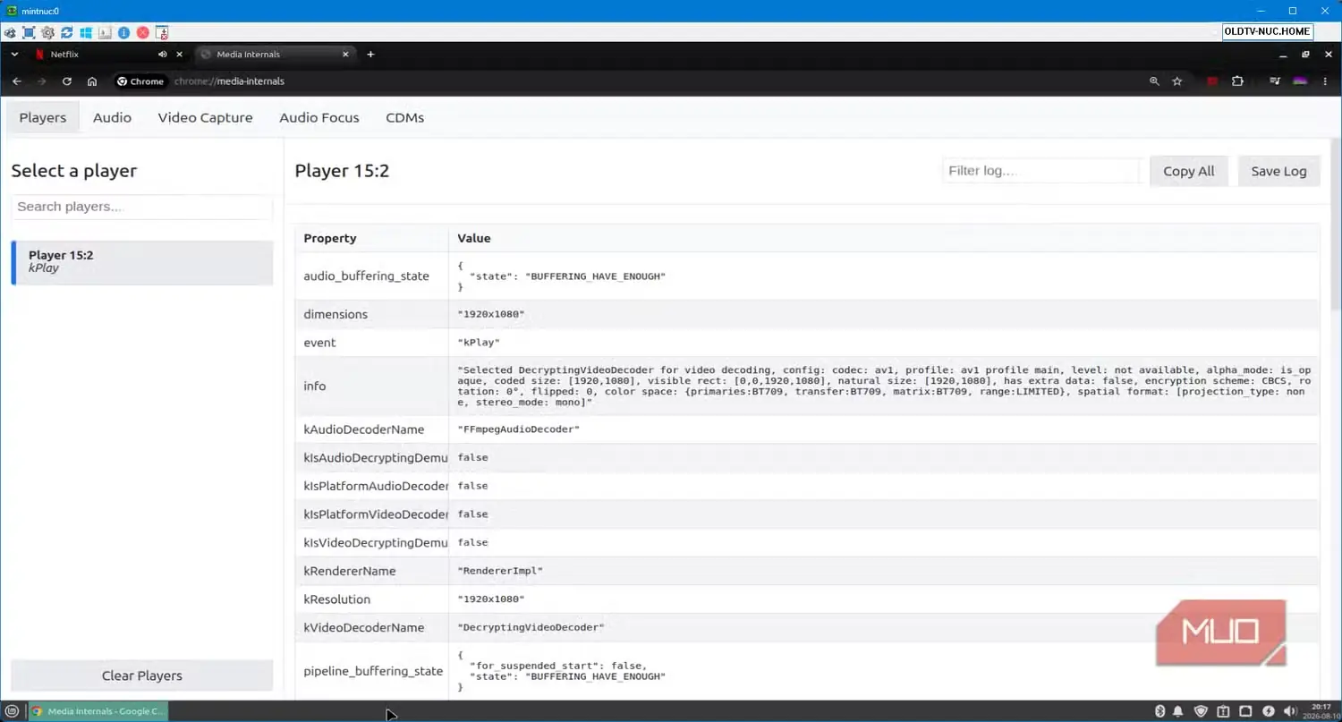 صفحهٔ chrome://media-internals با نمایش وضوح پخش‌کنندهٔ Netflix پس از نصب افزونهٔ New Netflix 1080p در 1920x1080