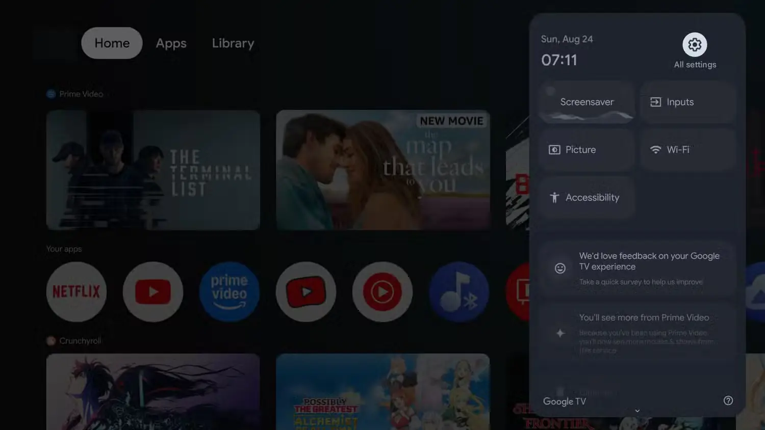 صفحه اصلی سیستم‌عامل Google TV با نوار کناری Settings نمایش داده شده