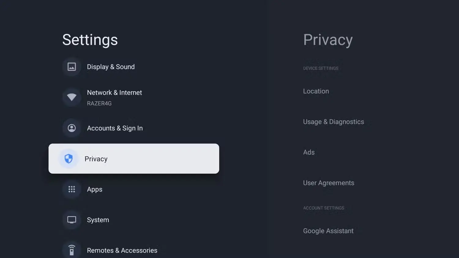 برنامه Settings در سیستم‌عامل Google TV