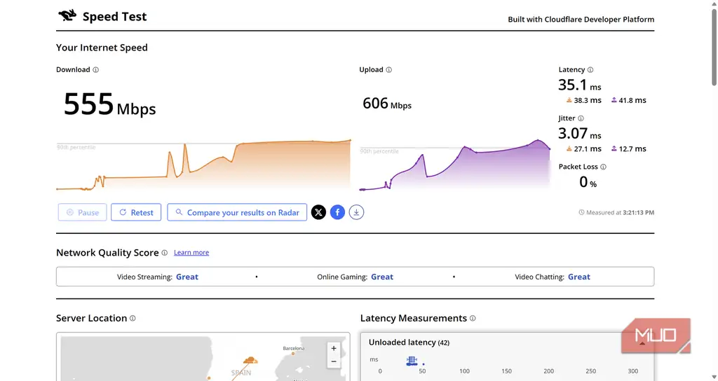 تست سرعت Cloudflare با نمایش از دست دادن بسته و نرخ جیتر