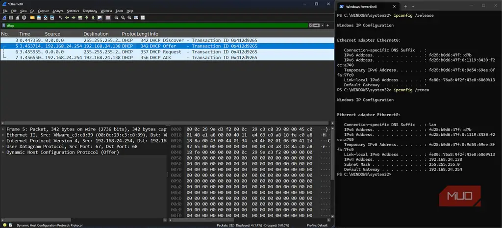 Wireshark در ماشین مجازی Windows 11 نمایشگر ضبط بسته DHCP DORA