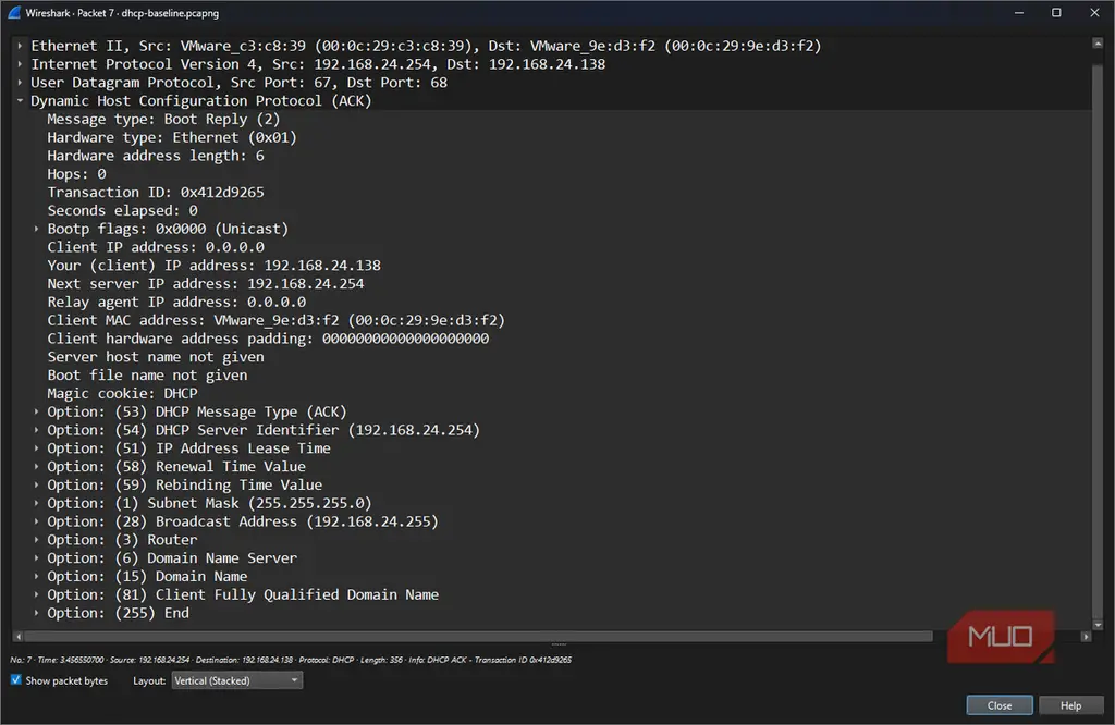 بسته ACK فرآیند DORA در Wireshark با نتیجه YIADDR