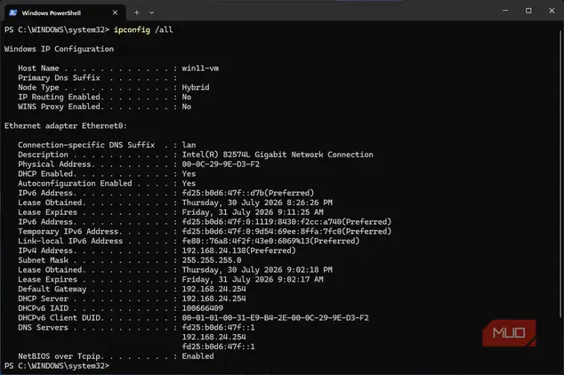 نتایج ipconfig /all پایه در Windows 11