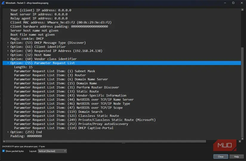 لیست درخواست DHCP در Windows 11 با نمایش گزینه 55 گسترش یافته