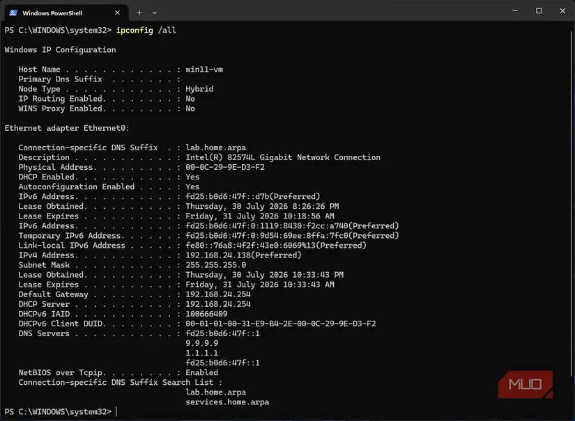 ipconfig /all در Windows 11 نمایش نتایج سفارشی DHCP