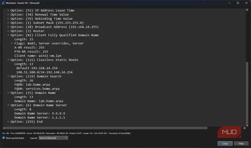 بسته ACK فرآیند DORA در Wireshark با گزینههای سفارشی