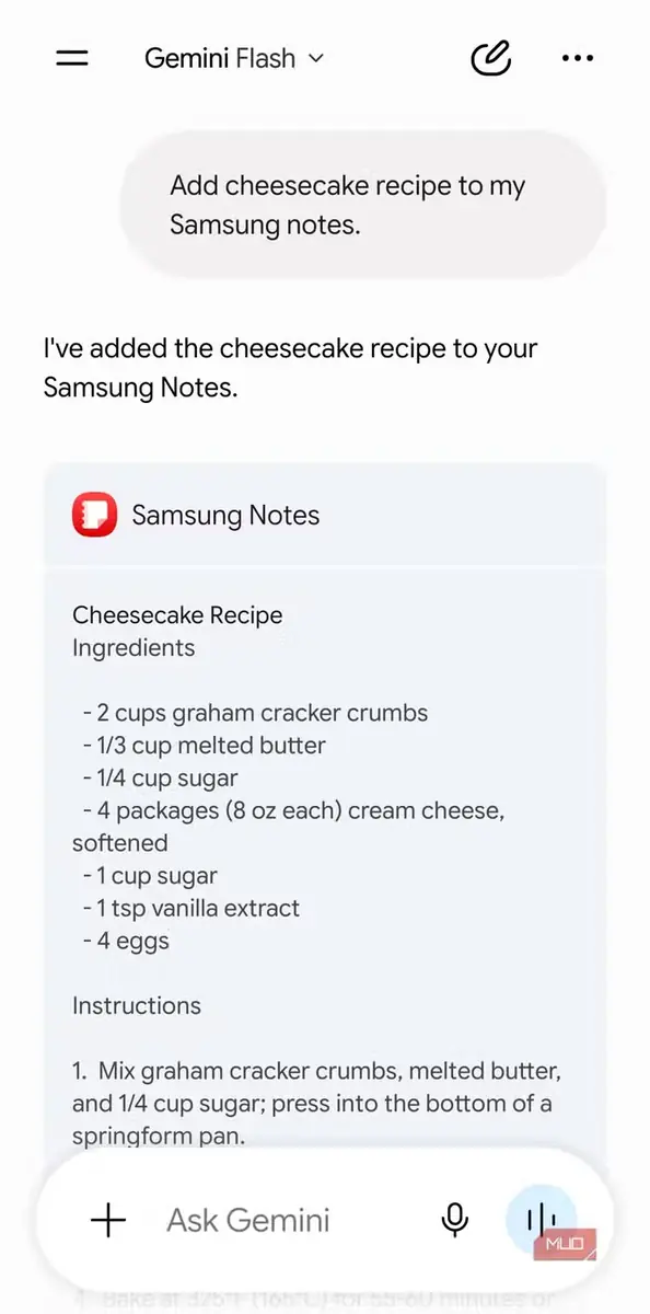 گفتگوی Gemini با برنامه Samsung Notes