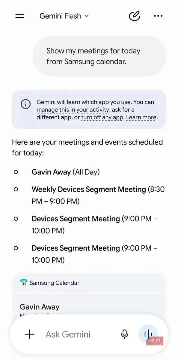 گفتگوی Gemini با برنامه Samsung Calendar