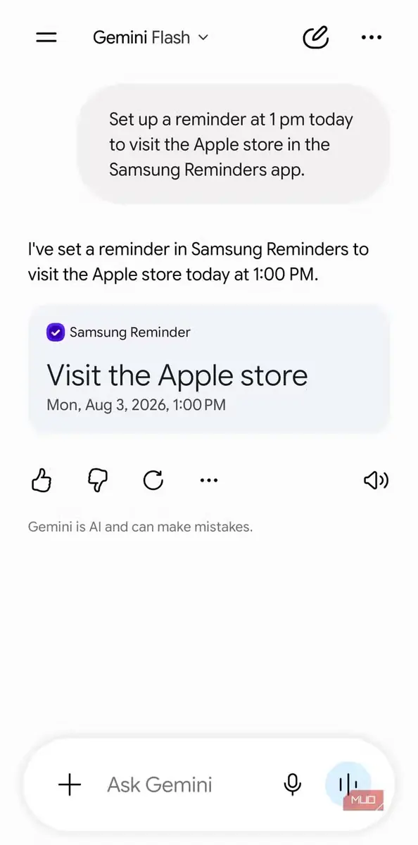 گفتگوی Gemini با برنامه Samsung Reminders