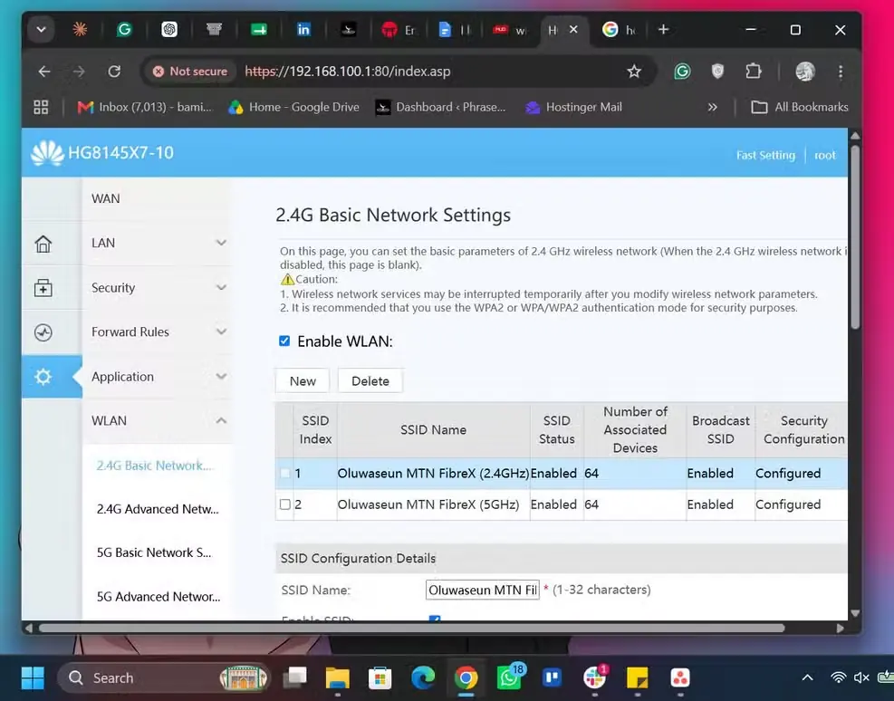 صفحه تنظیمات WLAN در رابط کاربری روتر