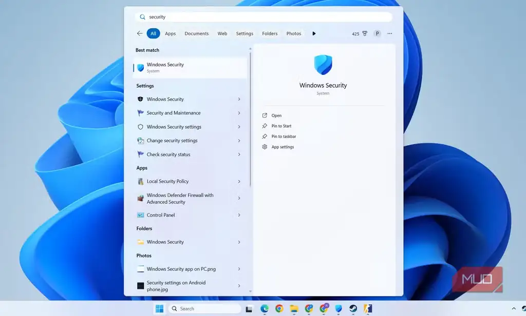 جستوجوی برنامه Windows Security در منوی استارت