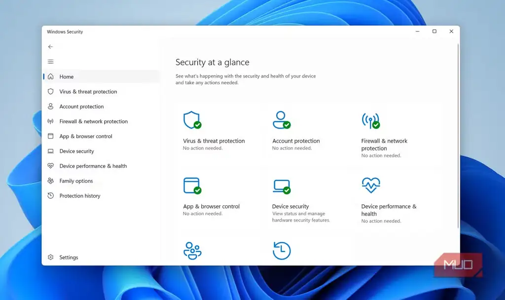 صفحه اصلی برنامه Windows Security در ویندوز ۱۱