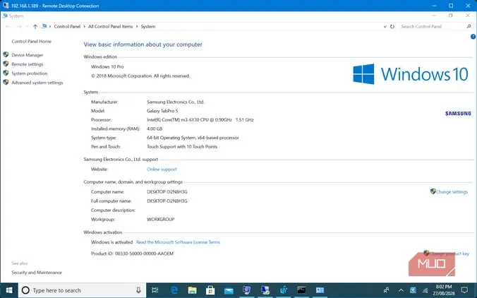 نمایش اطلاعات سامانهٔ Windows 10 با sysinfo در Samsung ProTab