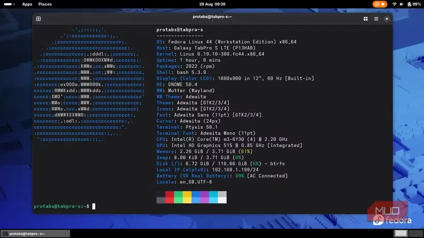 نمایش آمار fastfetch در Samsung ProTab مجهز به Fedora Linux