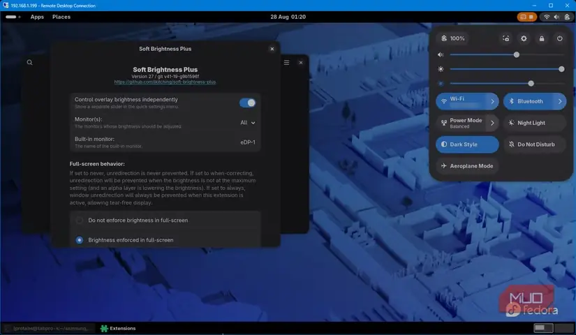 افزونهٔ Softbrightness برای GNOME و نوار تنظیم روشنایی در Fedora Linux