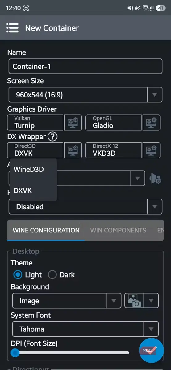 منوی کشویی DX Wrapper وین‌الیتور با گزینه‌های WineD3D و DXVK