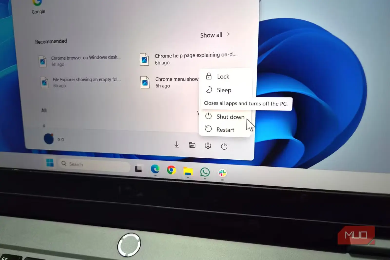 گزینهٔ خاموشی در فهرست استارت Windows