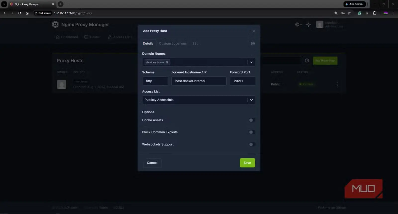 افزودن یک میزبان پروکسی بهعنوان شبکه داخلی Docker در NGINX Proxy Manager