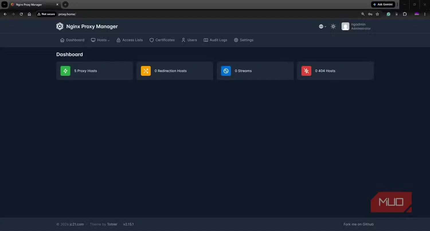 داشبورد NGINX Proxy Manager در حال نمایش میزبانهای پیکربندیشده