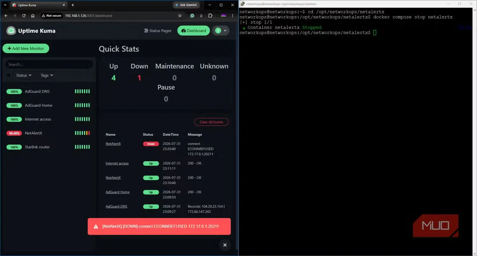 صفحه پایش Uptime Kuma با خرابی عمدی کانتینر و نتیجه از دسترس خارج بودن