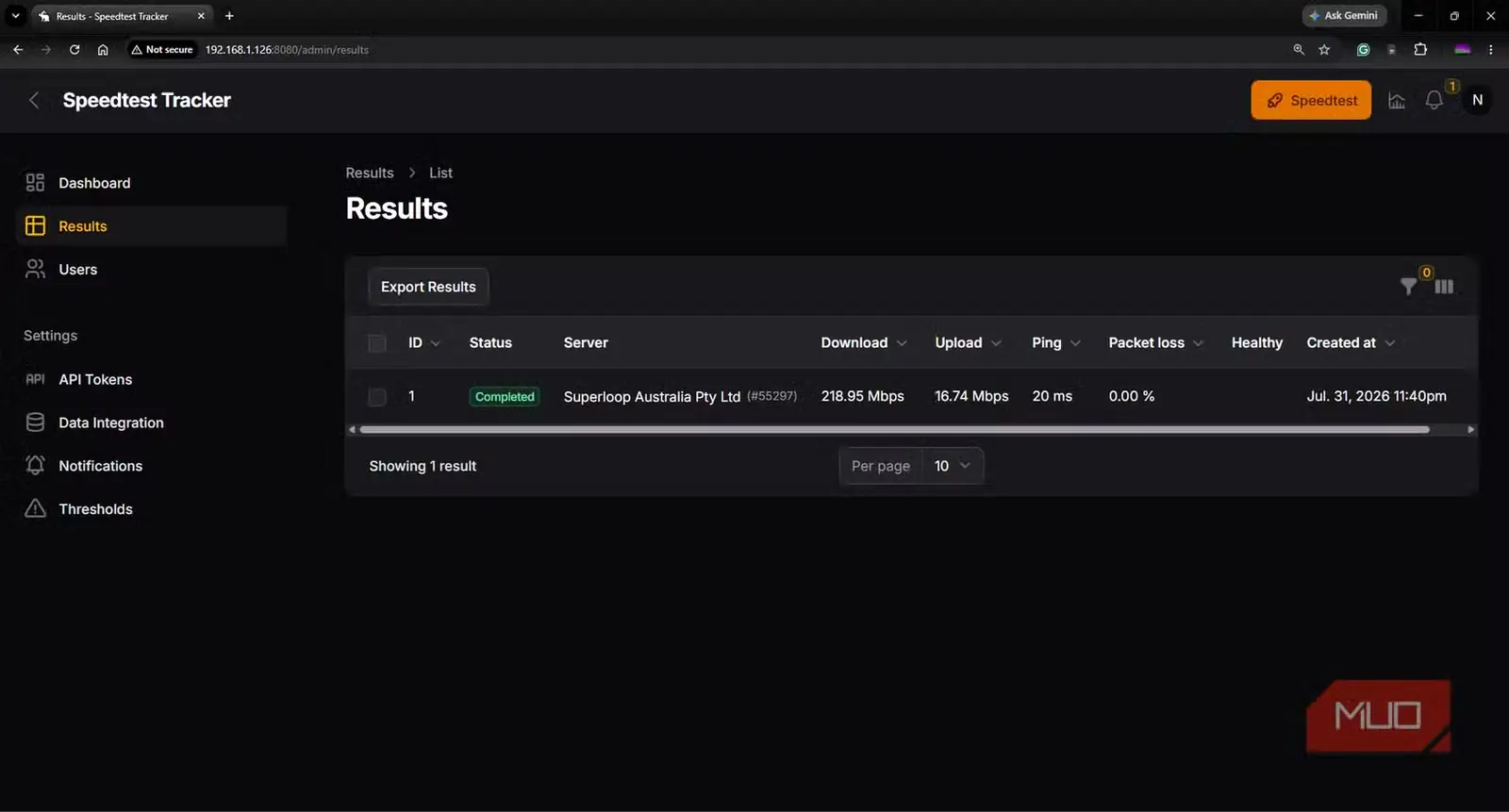 تکمیل موفقیتآمیز آزمون دستی در Speedtest Tracker