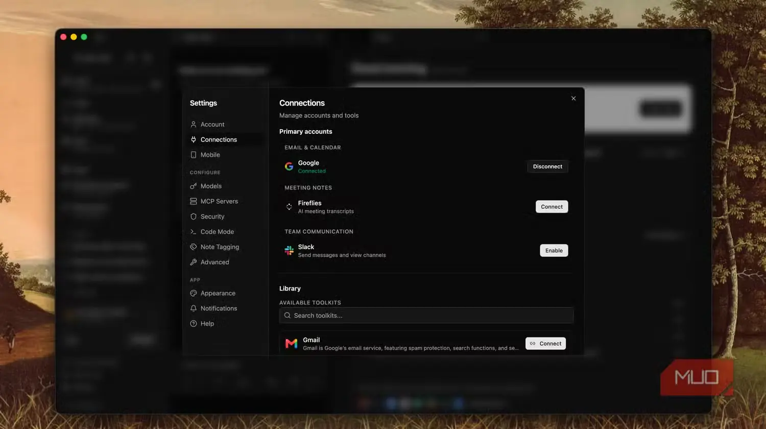 پنل اتصالات در تنظیمات Rowboat با گزینه‌های Google (متصل)، Fireflies، Slack و جعبه‌ابزار Gmail