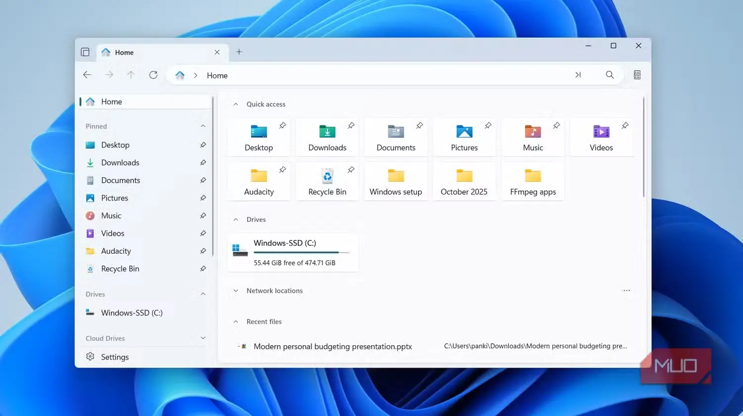 برنامه Files با نمایش زبانه Home در رایانه ویندوز ۱۱