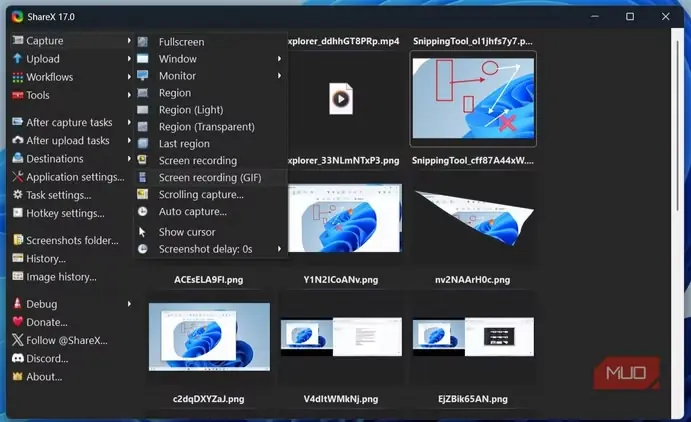 برنامه ShareX با نمایش گزینههای ضبط در ویندوز