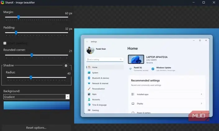 پنجره زیباساز تصویر برنامه ShareX با نمایش نما از تنظیمات ویندوز ۱۱
