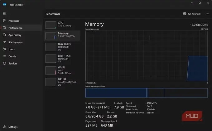 رم اختصاصدادهشده پس از تست Brave نشان داده شده در Task Manager