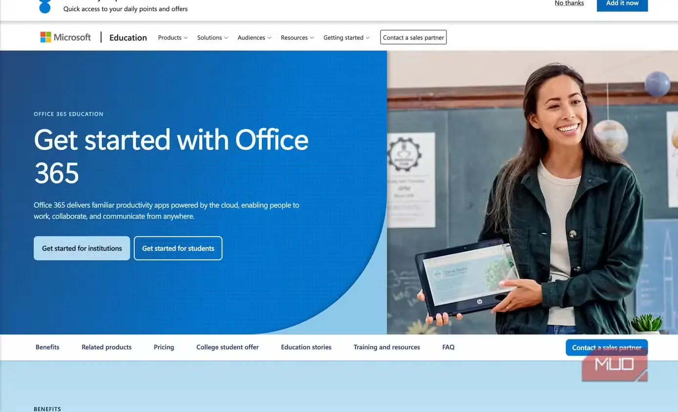 بنر صفحهٔ اصلی Microsoft Education که Office 365 را برای مؤسسات و دانشجویان تبلیغ میکند