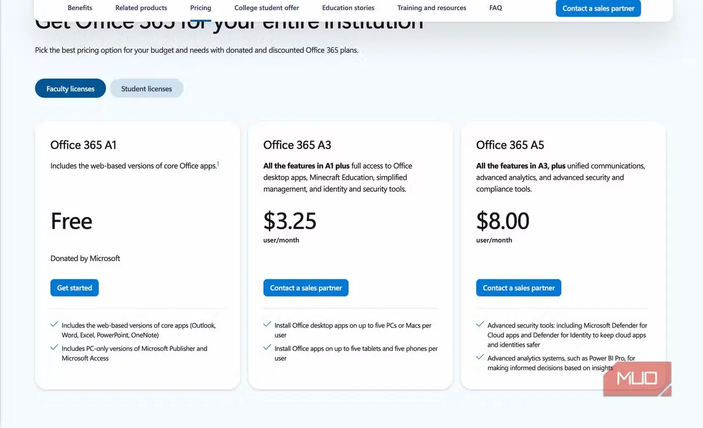 جدول قیمتگذاری اساتید Office 365 – A1 رایگان، A3 ۳٫۲۵ به ازای هر کاربر، A5 ۸٫۰۰ به ازای هر کاربر
