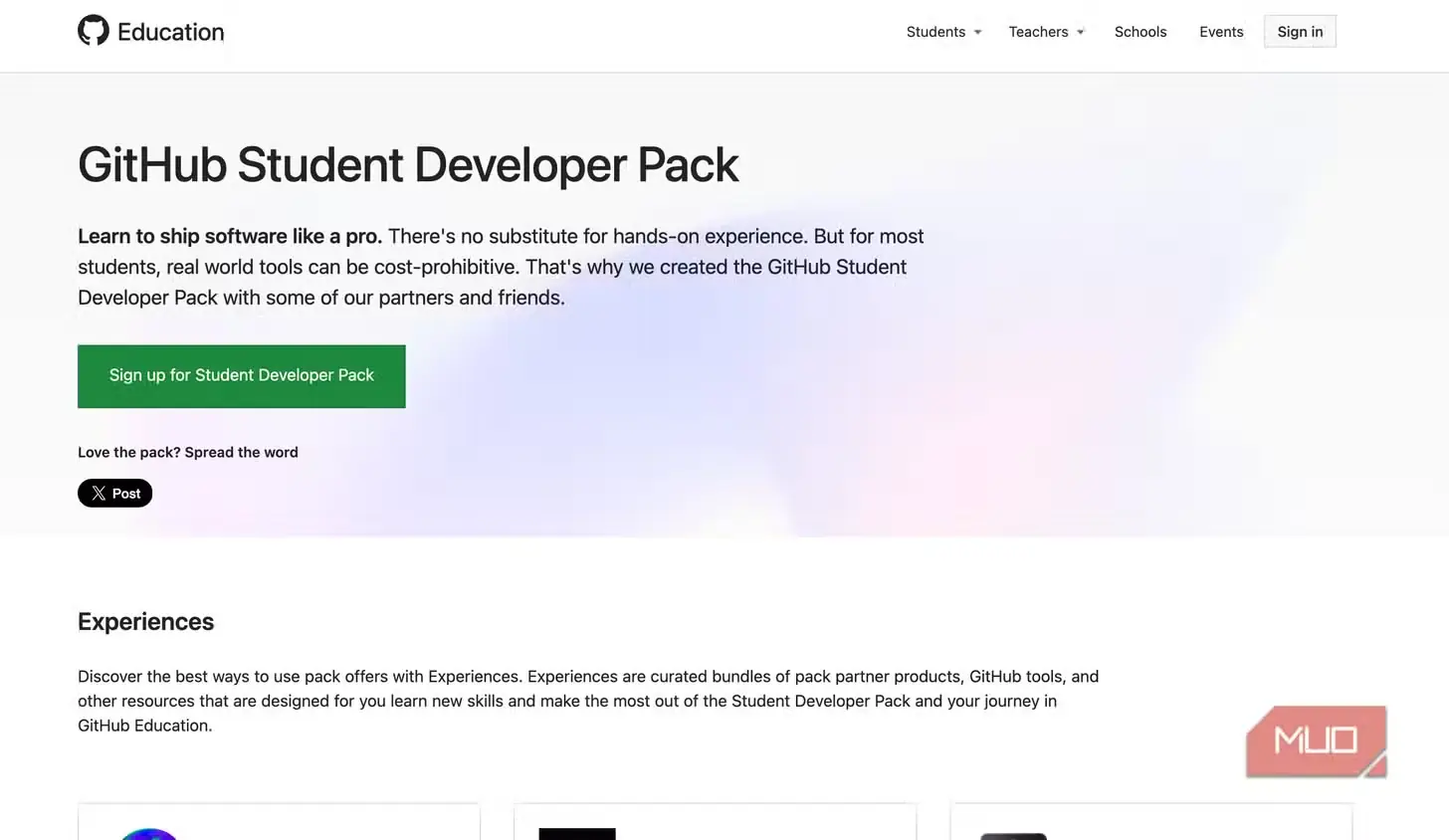 سرصفحه صفحهٔ GitHub Education برای GitHub Student Developer Pack با دکمهٔ ثبتنام