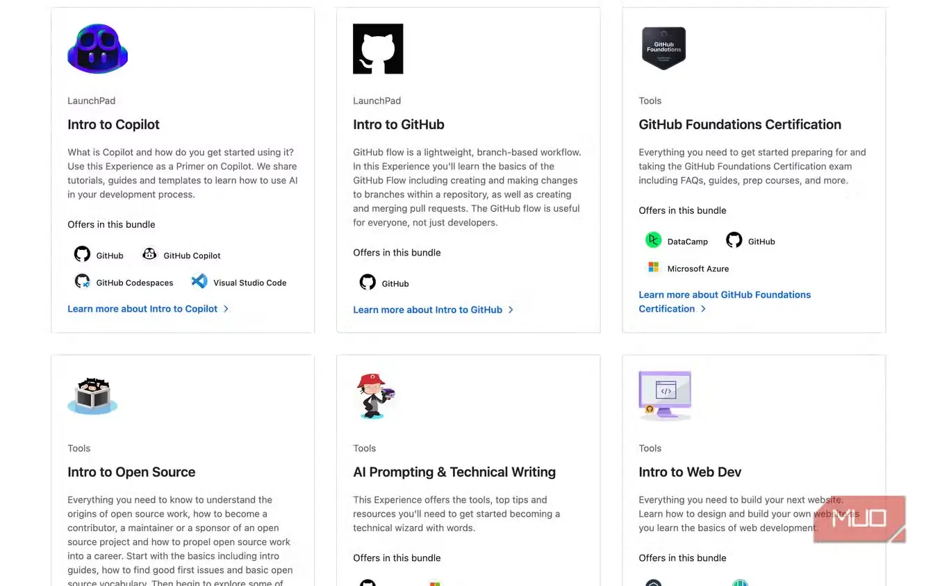 شبکهٔ تجربیات GitHub Student Pack شامل Copilot، GitHub، Foundations، Open Source، AI Prompting و Web Dev