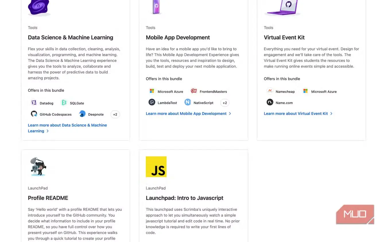 بستههای تجربهٔ بیشتر شامل Data Science & ML، Mobile App Dev، Virtual Event Kit، Profile README و Intro to JavaScript