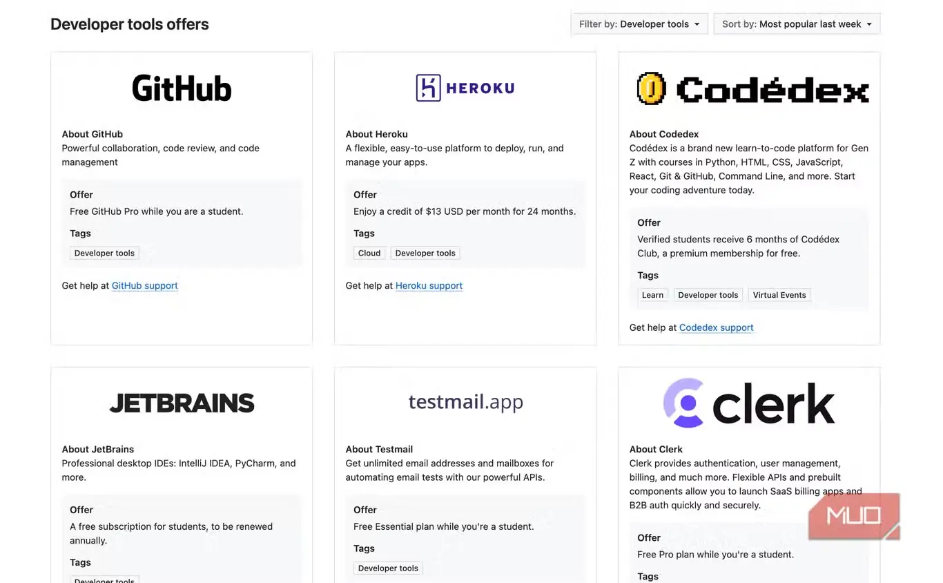 پیشنهادهای ابزارهای توسعهٔ GitHub Student Pack شامل GitHub، Heroku، Codédex، JetBrains، Testmail و Clerk