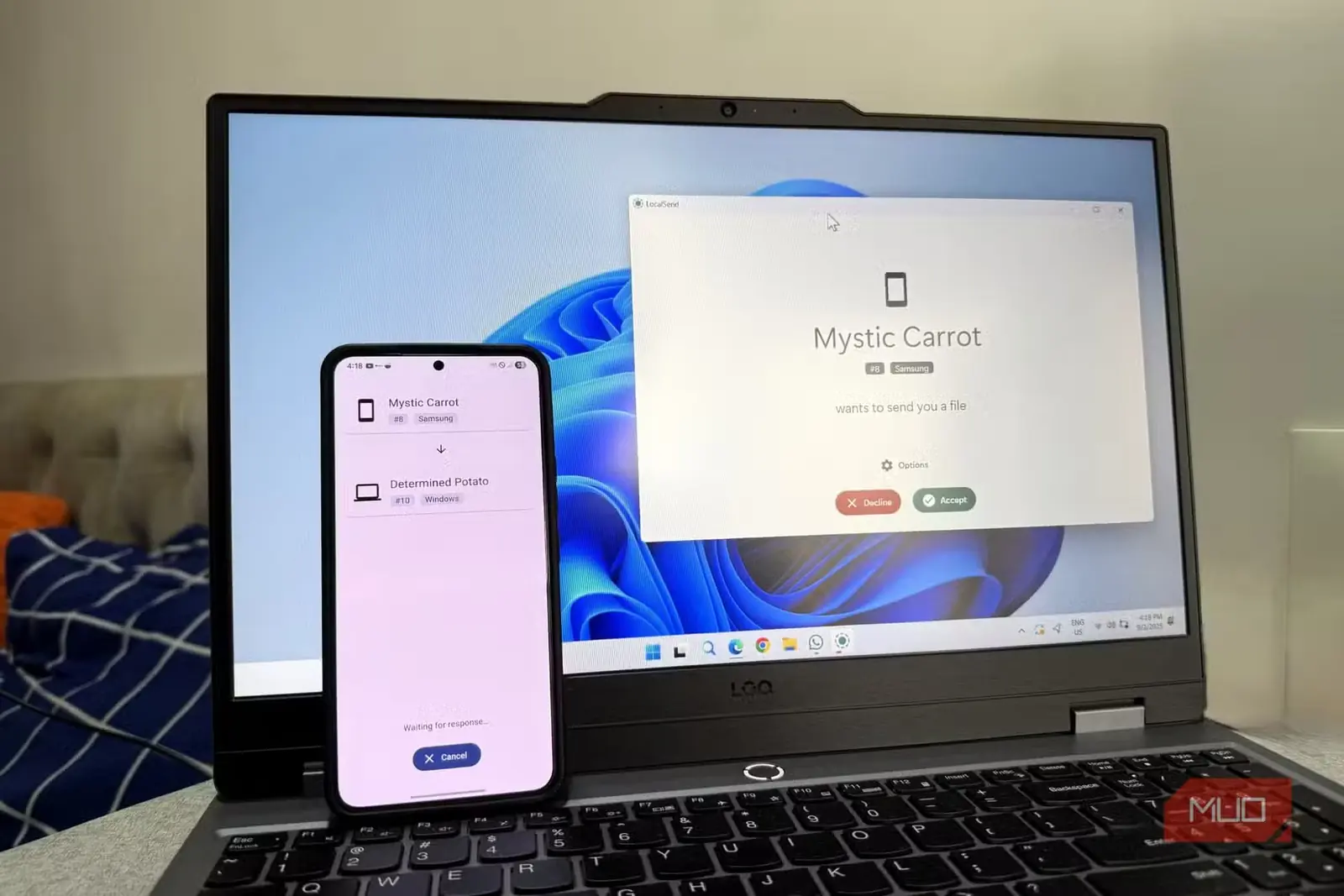 تلفن اندرویدی و لپتاپ ویندوزی در حال اشتراکگذاری فایل با LocalSend