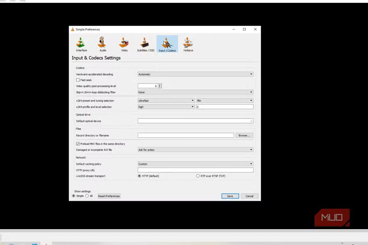 کلیک روی منوی Codec در VLC