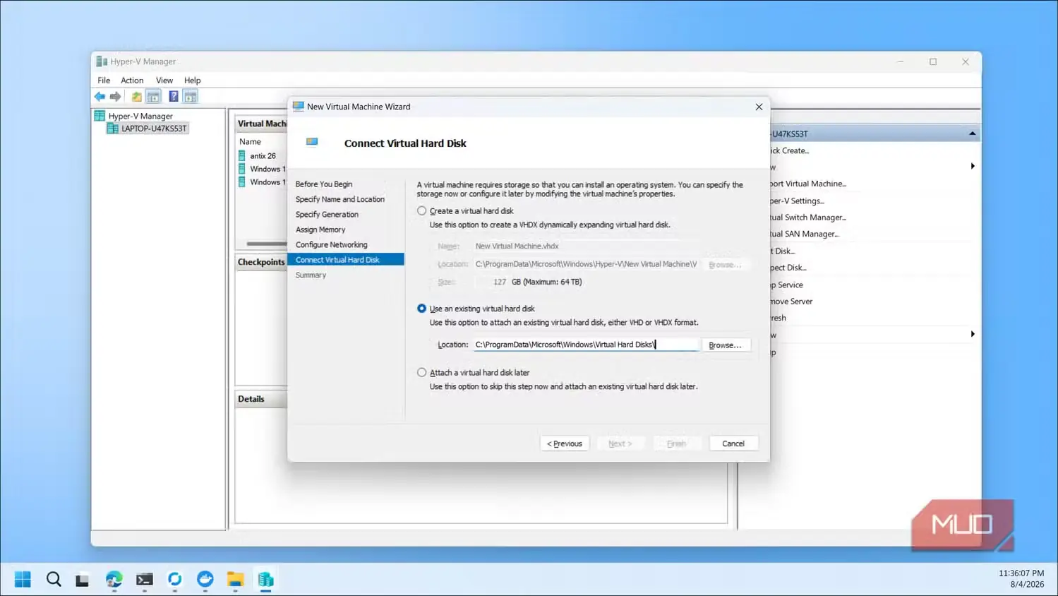 مرحله اتصال دیسک سخت مجازی در جادوگر ماشین مجازی جدید Hyper-V Manager