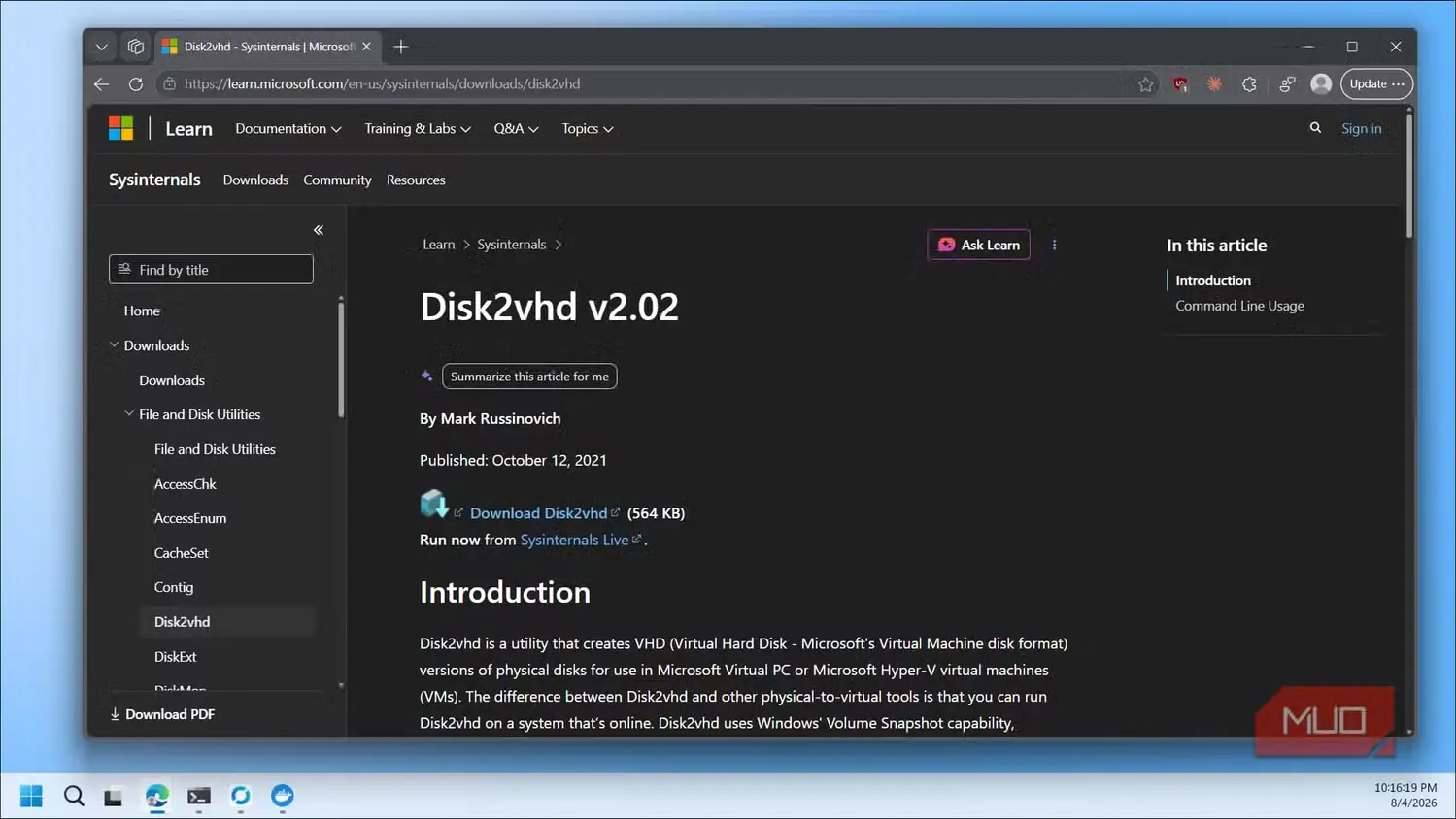 صفحه مستندات Disk2vhd v2.02 در Microsoft Learn